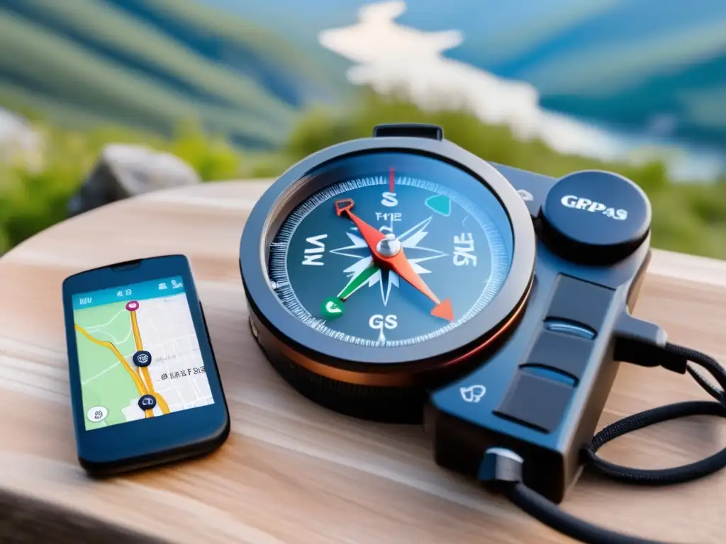 A daring outdoor journey depicted with a compass and GPS device, surrounded by rugged topography and breathtaking landscapes