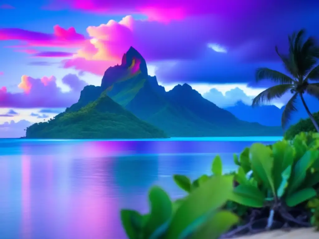 Dash: A stunning image of the Pacific Ocean overwhelming Bora Bora, with the sun setting in the distance