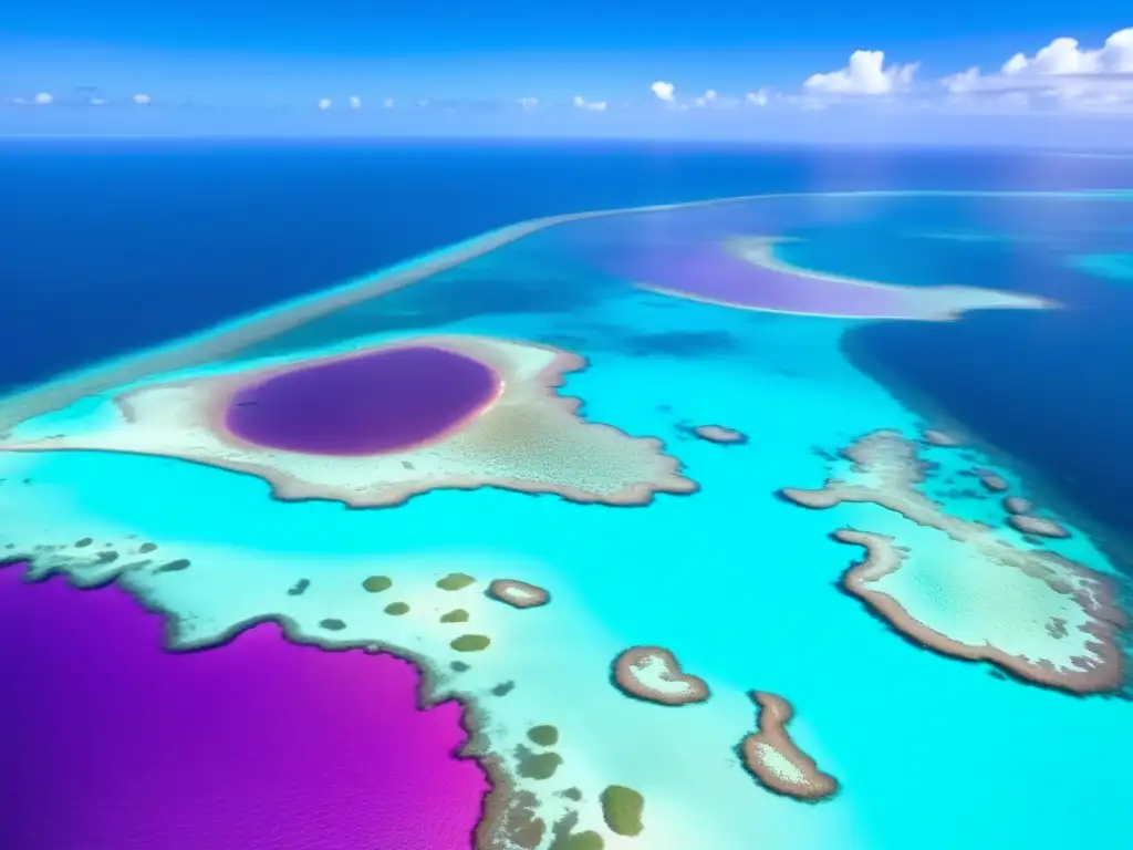 A breathtaking view of the Great Barrier Reef in Australia, with crystal-clear blue water surrounds colorful coral islands and diverse marine life