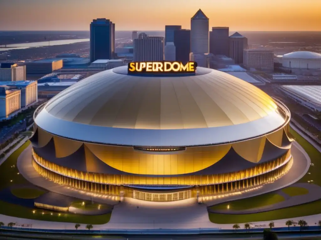 The breathtaking Superdome in golden glory, standing tall with the iconic perforated mesh dome visible from every angle