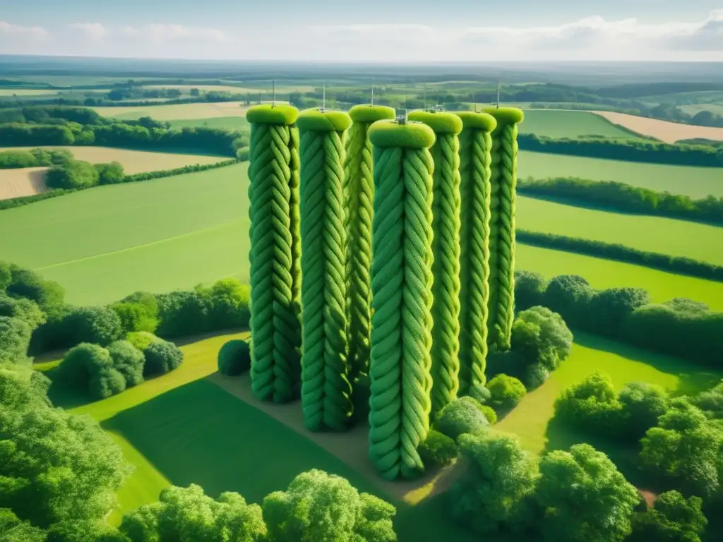 A stunning aerial shot of a lush green field, featuring four paracord-climbing towers