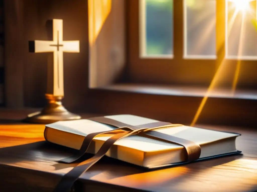 A leatherbound parchment scrolls on a wooden desk, casting warm, golden light from a sunlit window