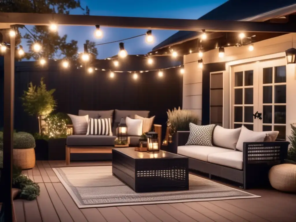 A captivating image of a beautifully lit outdoor patio area illuminated by Solarpowered lights, creating a cozy and welcoming ambiance