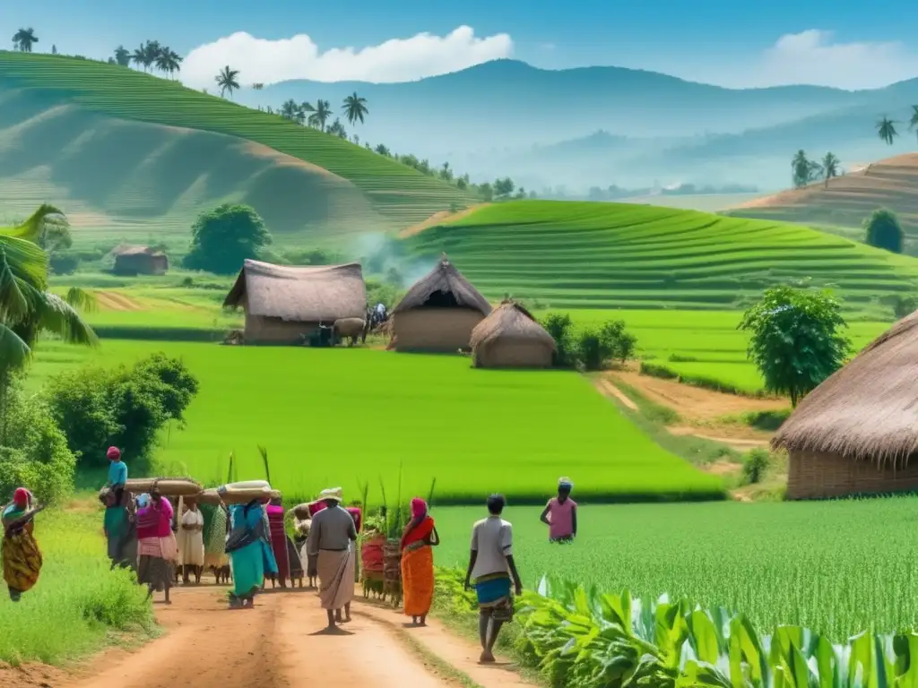 A picturesque scene of a small village in the lush green fields, surrounded by a clear blue sky