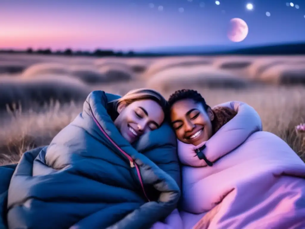 A man and woman peacefully asleep under the stars in a cozy sleeping bag