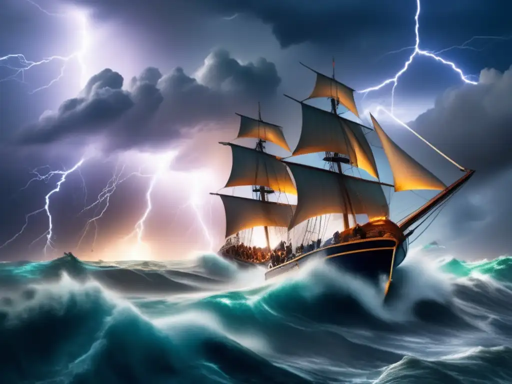 The perfect storm capsizes boats in a cinematic sea, illuminated by lightning, and AI assists in augmenting the atmosphere