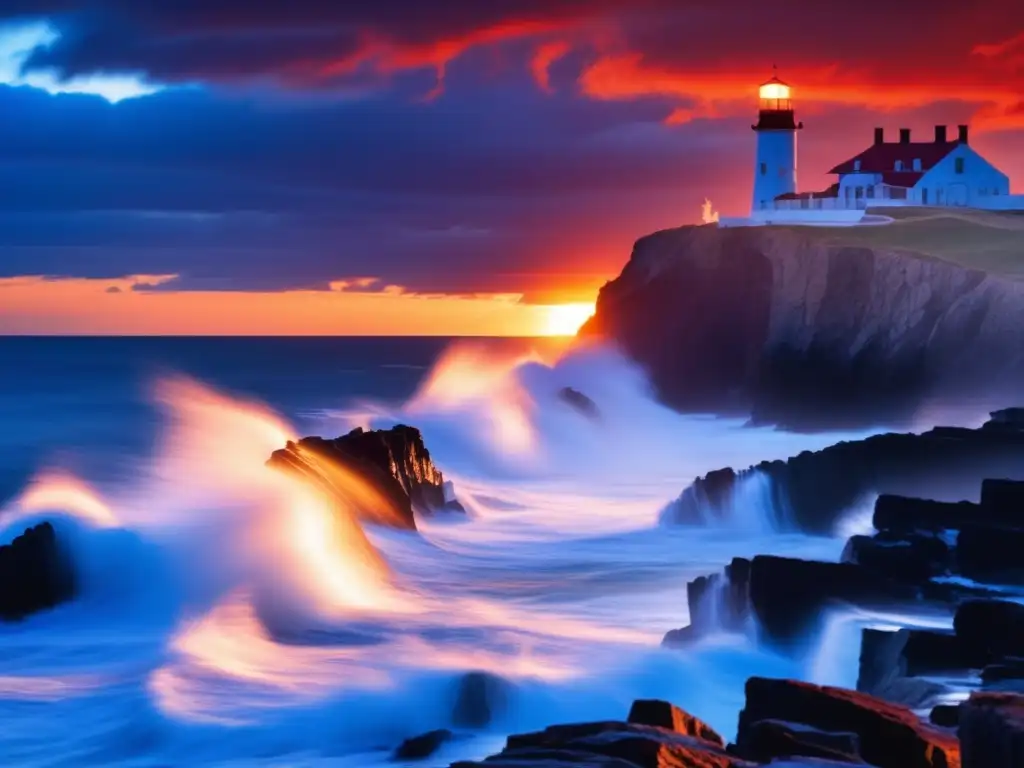 A thrilling scene of nature's power, as black waves crash onto jagged cliffs with a deep blue sky reflecting fiery red storm colors in the background