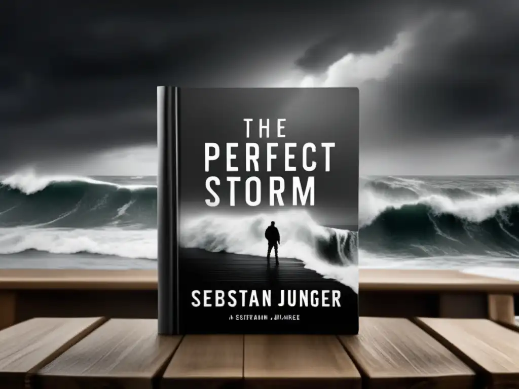 A captivating black and white image of 'The Perfect Storm' by Sebastian Junger, with its pages spread open on a wooden table surrounded by books