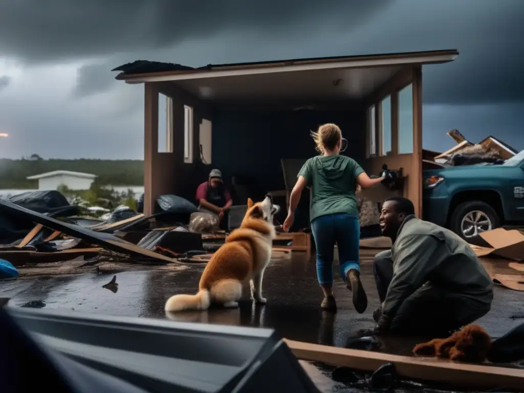 In the aftermath of a hurricane, a pet lies trapped amidst the ruins, desperation etched on its face, yearning to be saved