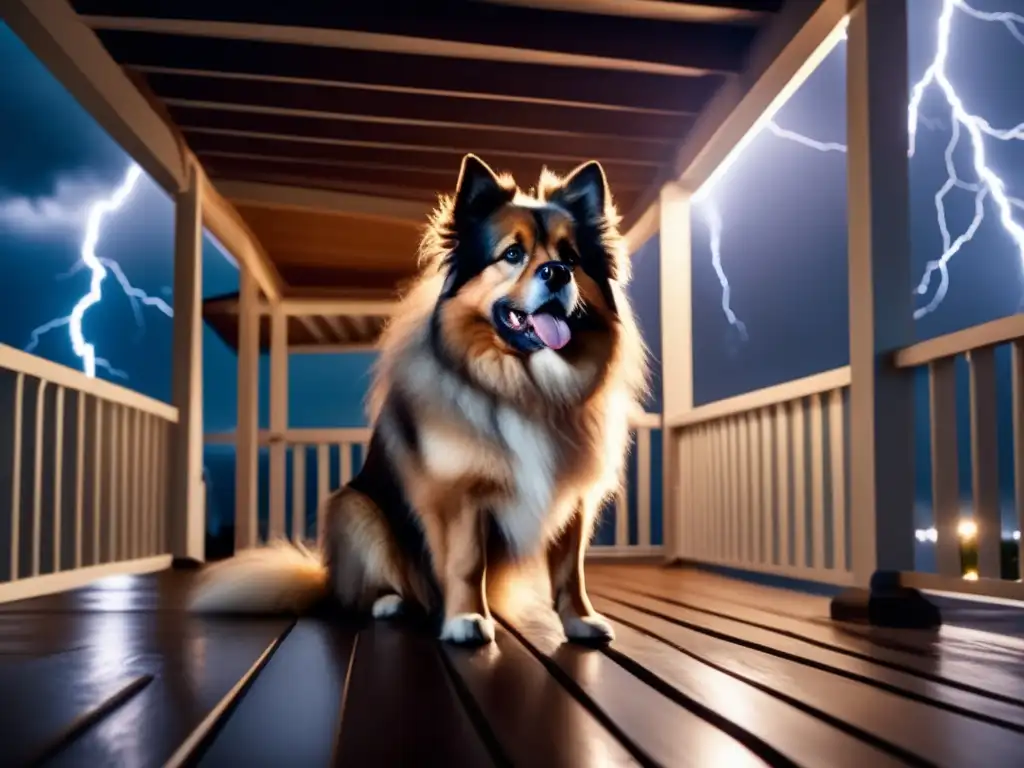 Dramatic slow-motion shot of a fluffy brown dog on porch, falling to ground as bolt of lightning strikes in background