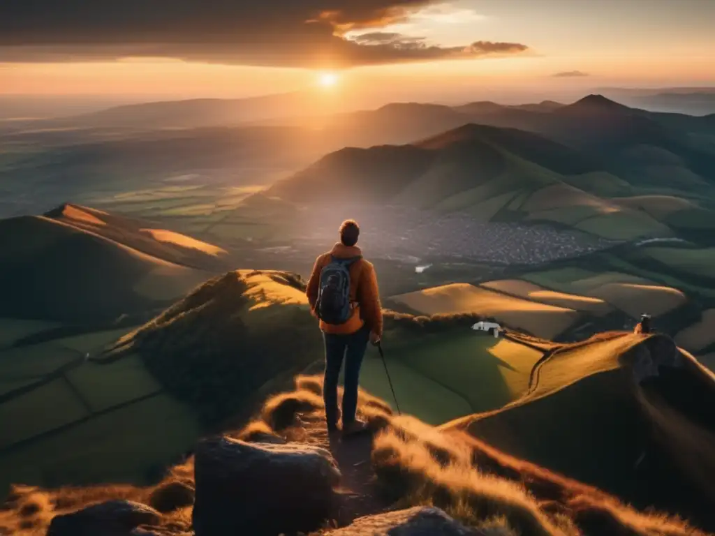 A breathtaking cinematic shot of a man standing on top of a mountain, sunsetting behind him, casting a warm glow over the landscape below