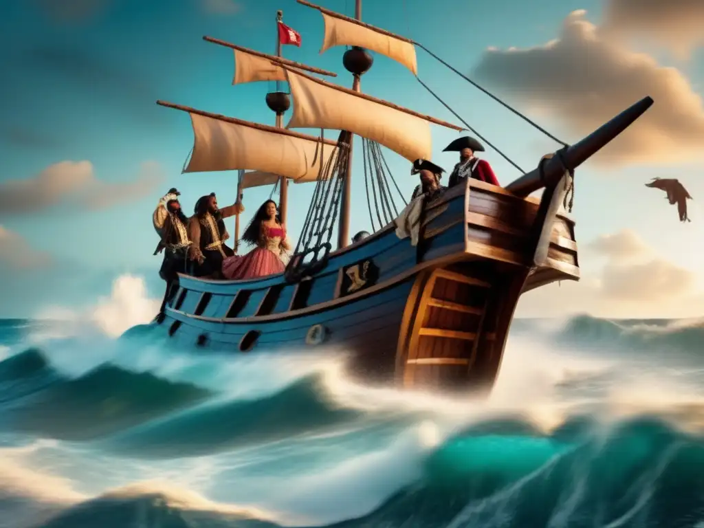 An image of an ancient wooden pirate ship toppling in bucking ocean waves, with a Louis Quatorzeinspired pirate crew swimming in the foreground, dressed in elaborate pirate outfits and carrying hurricane-shaped lanterns, creates a captivating cinematic touch for 'Book Details: Hurricane Dancers: The First Caribbean Pirate Shipwreck By Margarita Engle'