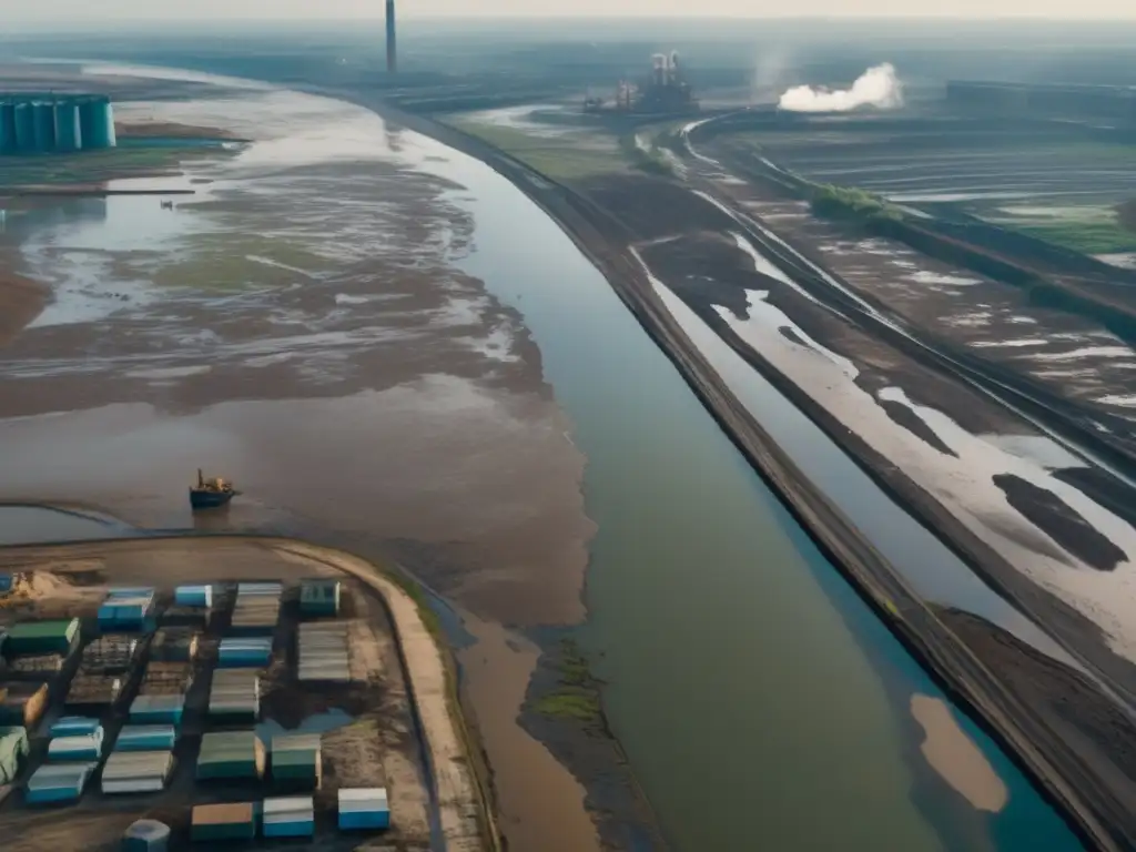 A haunting aerial shot of a polluted river, with factories and industrial areas visible in the background, before cascading into a murky ocean