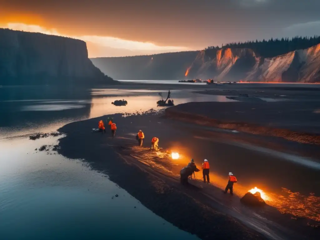 A haunting aerial view of a polluted lake, tainted by oil spills and withered vegetation, enclosed by looming cliffs