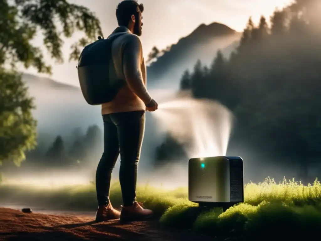 A misty, humid forest with droplets on the ground and soft sunlight filters through the trees, illuminating a sleek and modern portable dehumidifier