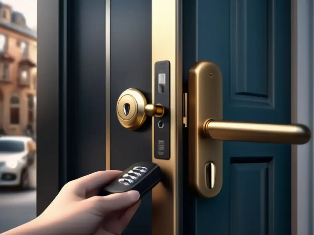 A close-up of a person installing a portable door lock, showcasing its structure, mechanism, and keyhole