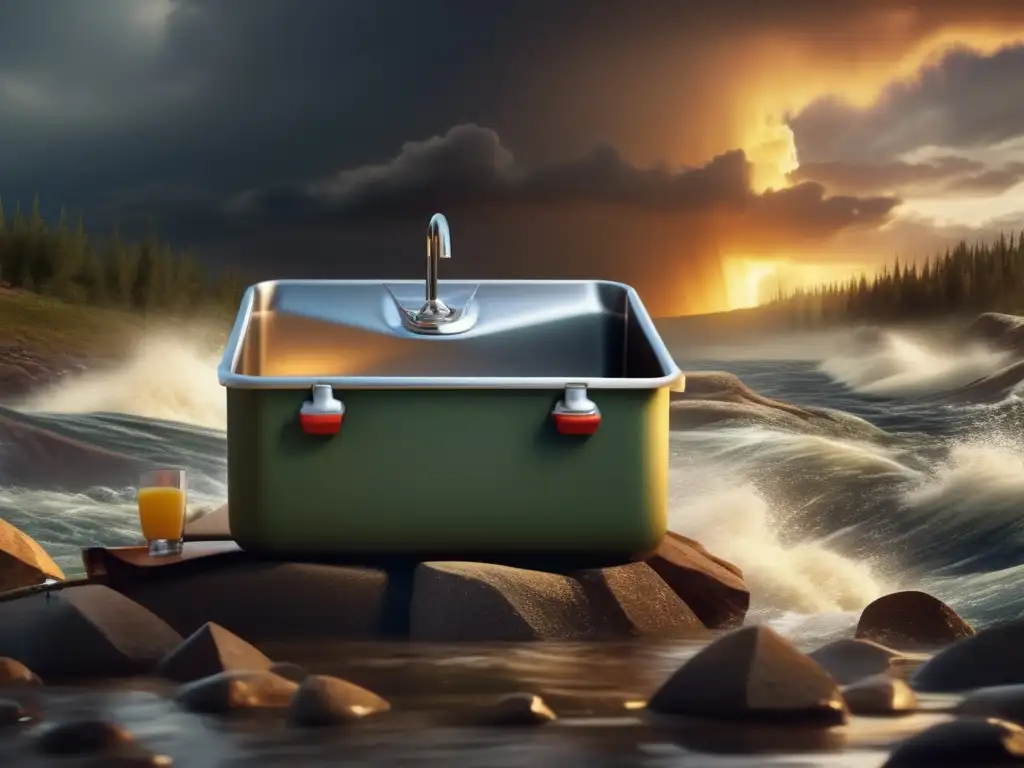 Amidst a chaotic hurricane, a portable camping sink stands tall, its cover protecting its contents from the rage of nature