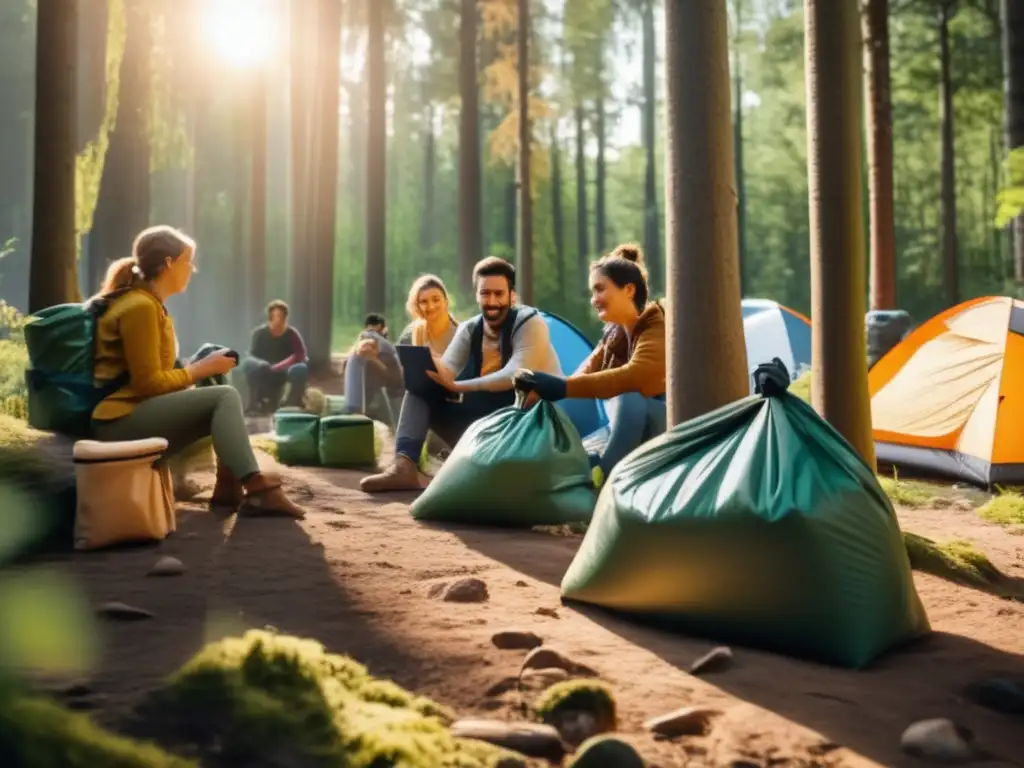 A cinematic shot of campers using portable sewage bags, surrounded by greenery and sunlight while birds chirp