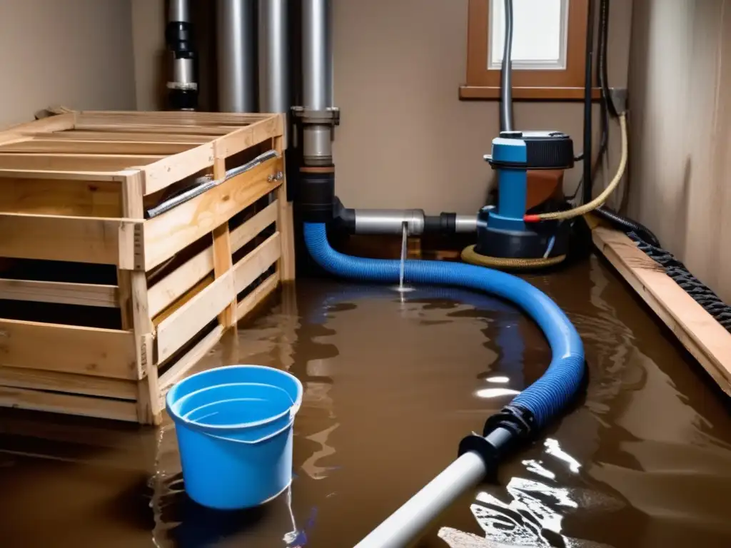 Portable sump pump heroically pumping away water amidst stacks of crates and tools from a grimy, dimly lit basement