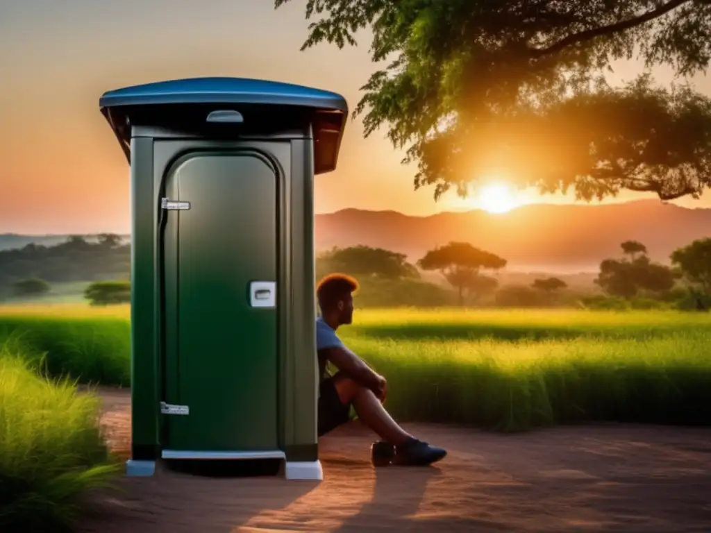 A cinematic style image of a portable toilet in a natural setting, with lush greenery in the background and the sun setting behind the horizon