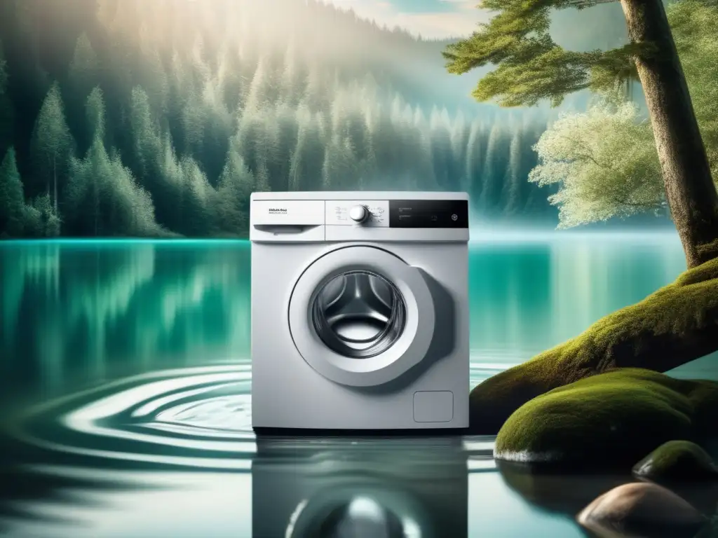 A stunning, cinematic portrait of a portable washing machine in its natural habitat, surrounded by towering trees, and crystal-clear water