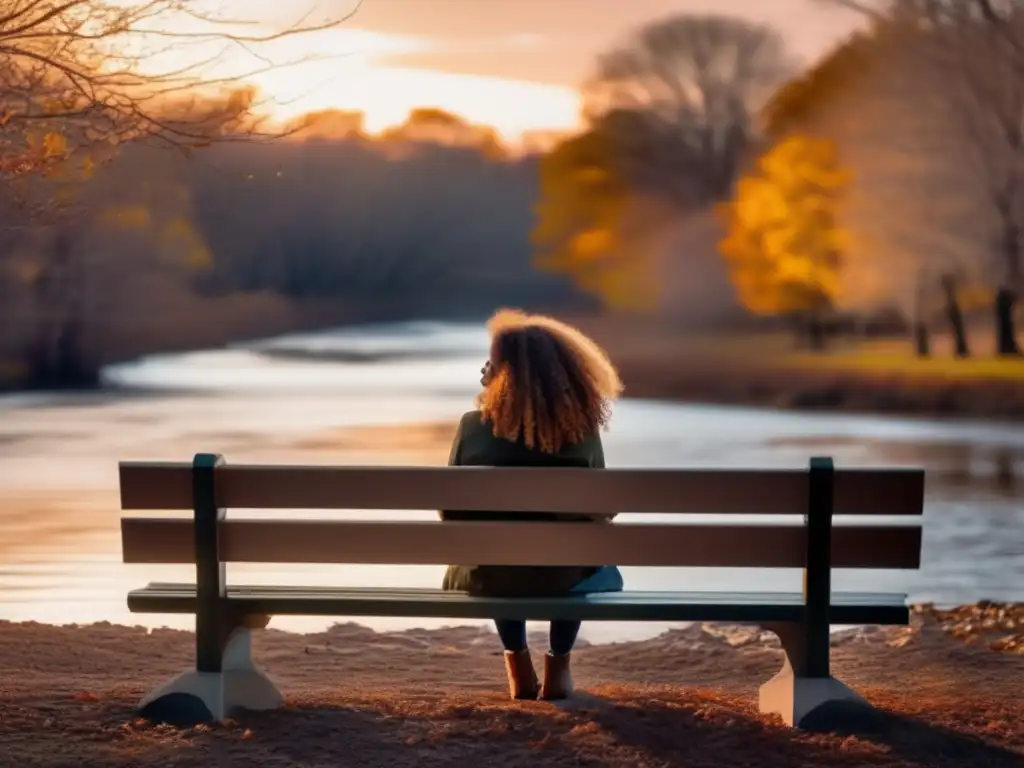 Amidst the aftermath of the hurricane, a woman sits on a bench, looking out at a stream bathed in warm, muted colors