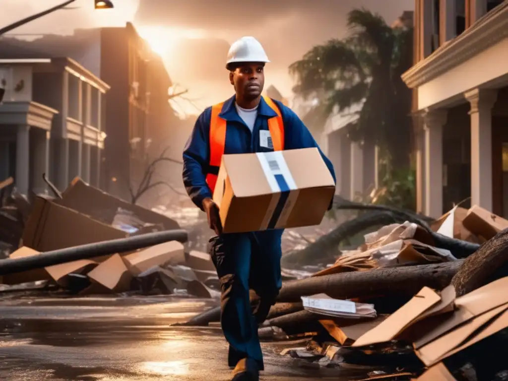 In the aftermath of a hurricane, a postal worker delivers mail to a distribution center amidst ruins and destruction