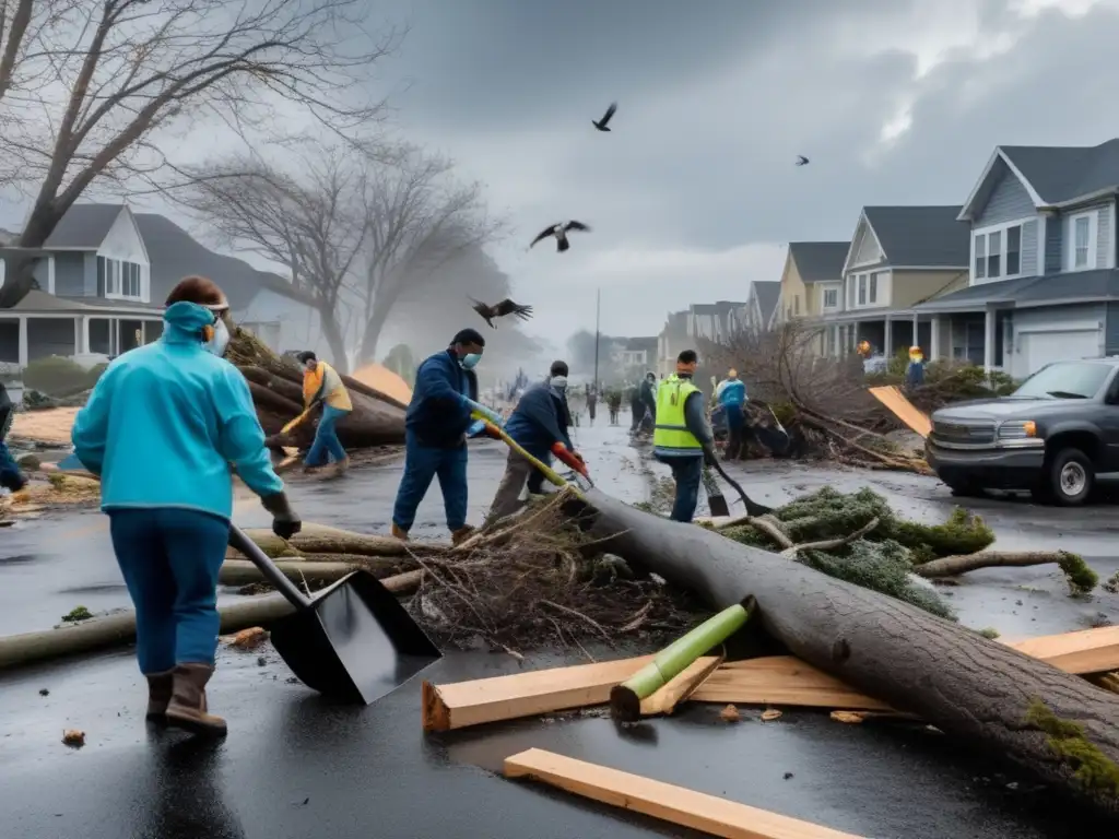 During a hurricane, individuals don gloves and masks to clean up the fallen trees, branches, and debris scattered across the yard