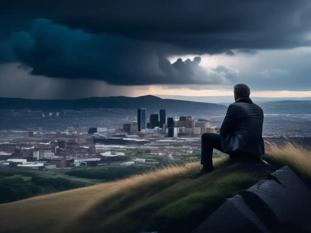 A somber, reflective image of a single figure gazing out at a desolate cityscape, with ominous storm clouds looming overhead