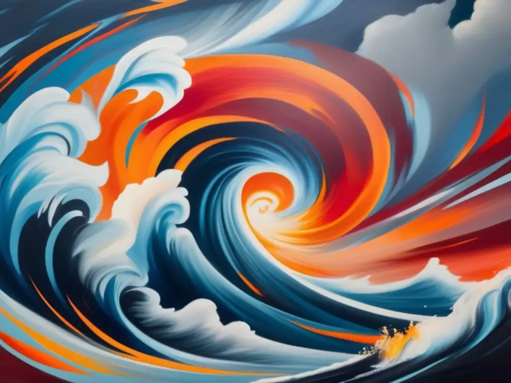 A powerful painting captures the essence of a hurricane, with swirling tornadoes and a churning sky