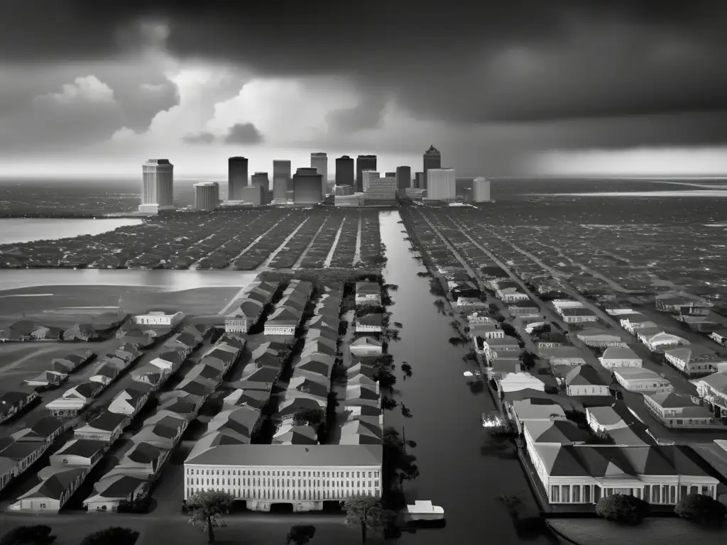 Post-Katrina New Orleans in black and white, shot with cinematic grandeur and magnitude, captures the somber atmosphere inflicted by the hurricane