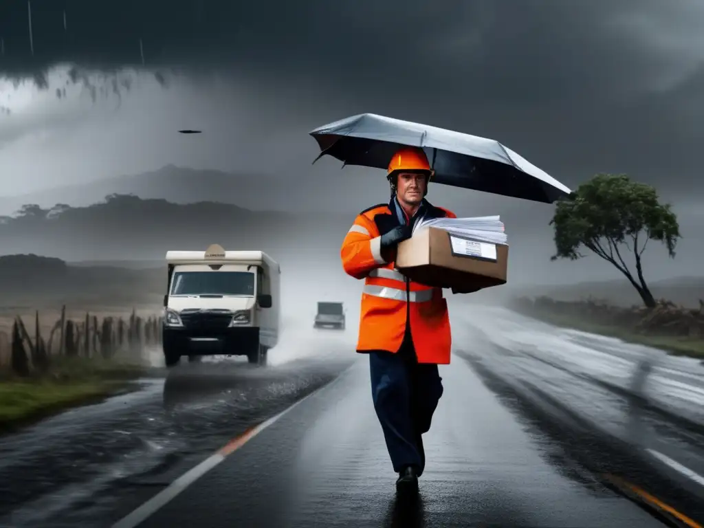 A heart-wrenching image of a lone postman bravely delivering mail on a rainy day in a hurricane-stricken area