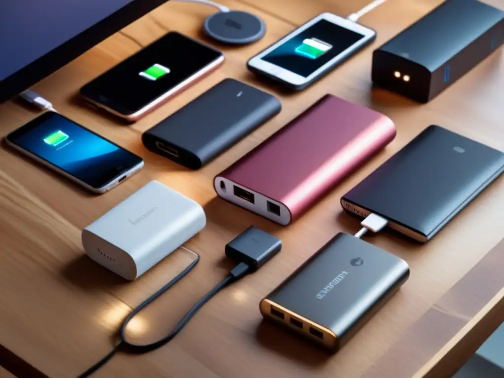 A dramatic cinematic styled image showcases a collection of unique power banks arranged on a wooden table surrounded by electronic devices