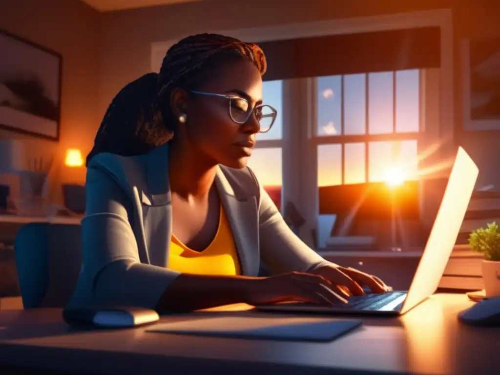 A woman hunches over her desk, searching for a backup plan on her laptop, as the sun brightly shines through the window, symbolizing prolonged outages