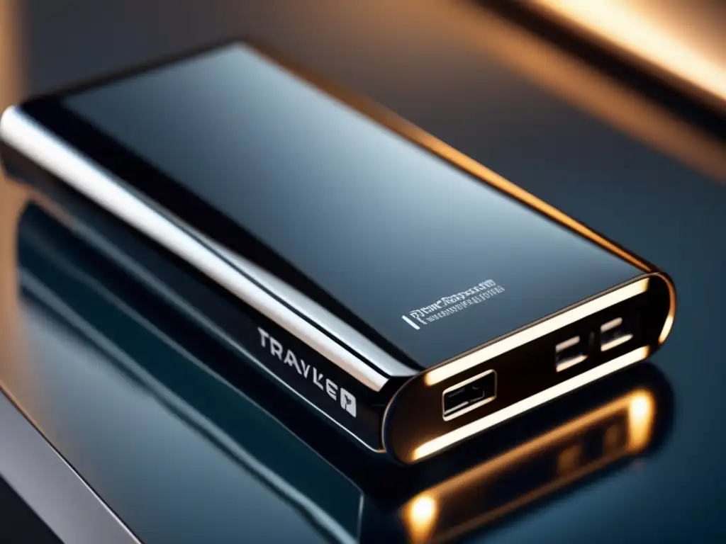 A sleek, portable power bank with a metallic exterior and branding, captured in a glassy surface, reflecting its compact design -