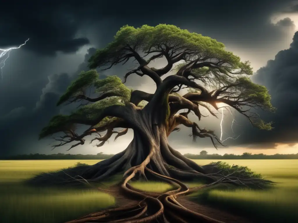 A powerful, cinematic image of a diverse family tree entwined and growing amidst a hurricane-ravaged landscape