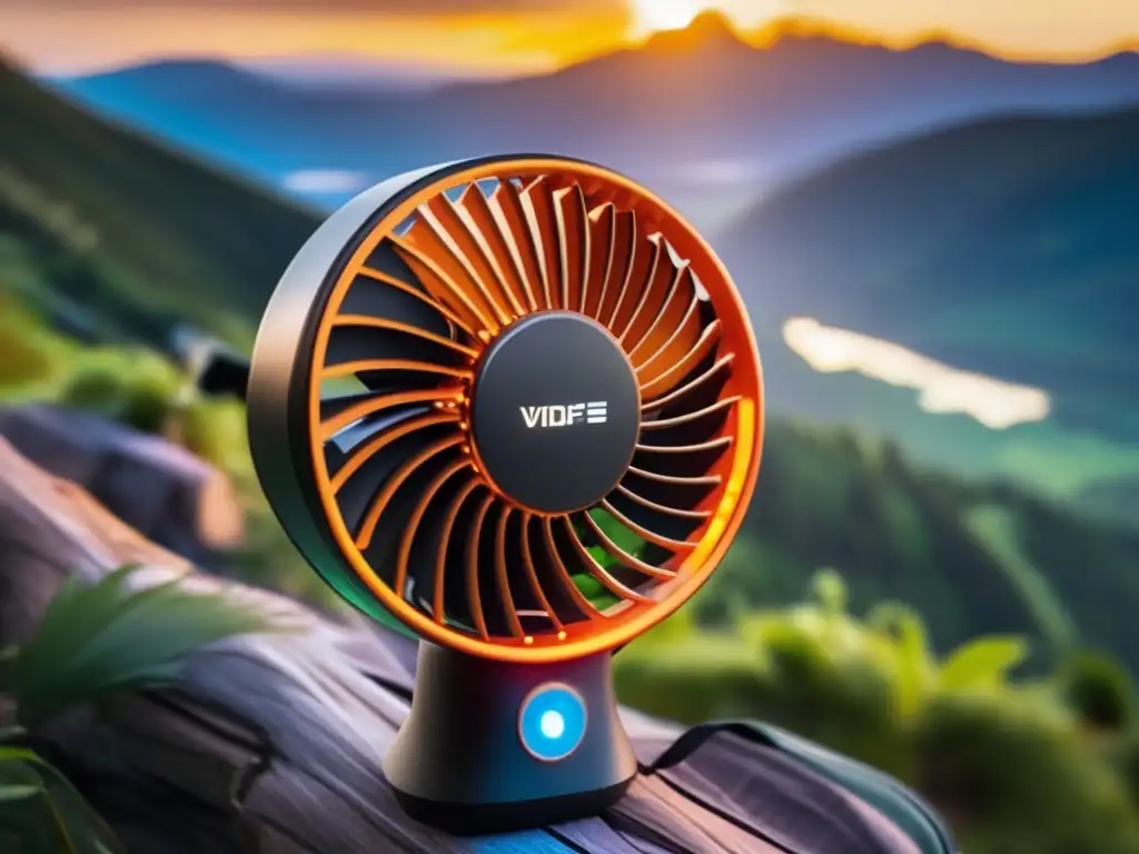 A stunning image of a portable fan, complete with a backpack battery, surrounded by a lush forest landscape