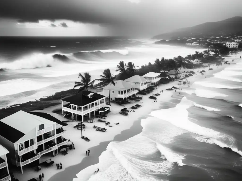 A gripping black and white photo captures the full strength of a hurricane, tearing through a small Caribbean town