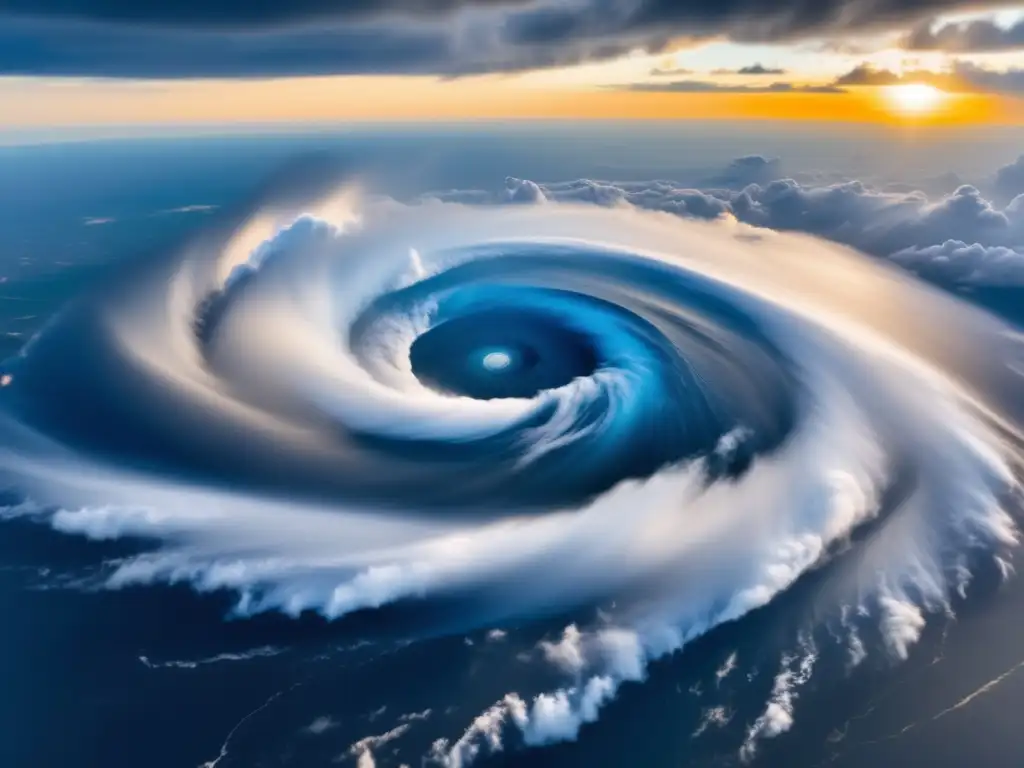 A breathtaking aerial view of a hurricane in full formation, with its eye visible as a deep blue circle swirling with intensity in the center