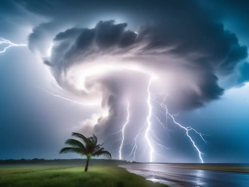 Intense hurricane swirls with lightning bolts, illuminating a visible eye, surrounded by heavy rain and wind