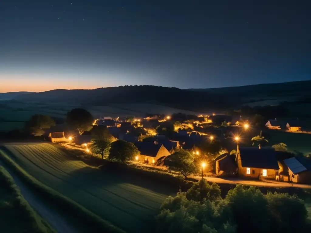 A dramatic image of a rural village engulfed in darkness, trees swaying ominously against the sky