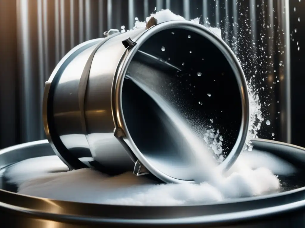 A Closeup shot of a sleek, steel drum with water recessing inside, surrounded by soft lint pieces that slowly rotate inside the drum