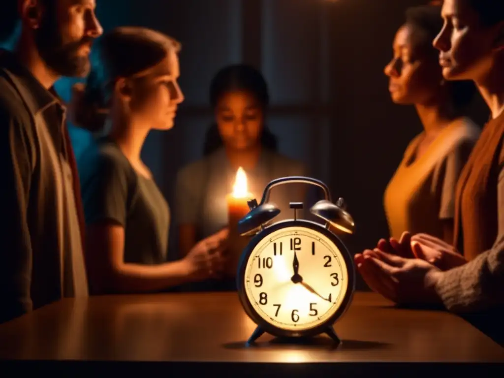 A haunting image of a group in prayer, against a backdrop of shadows and flickering candlelight