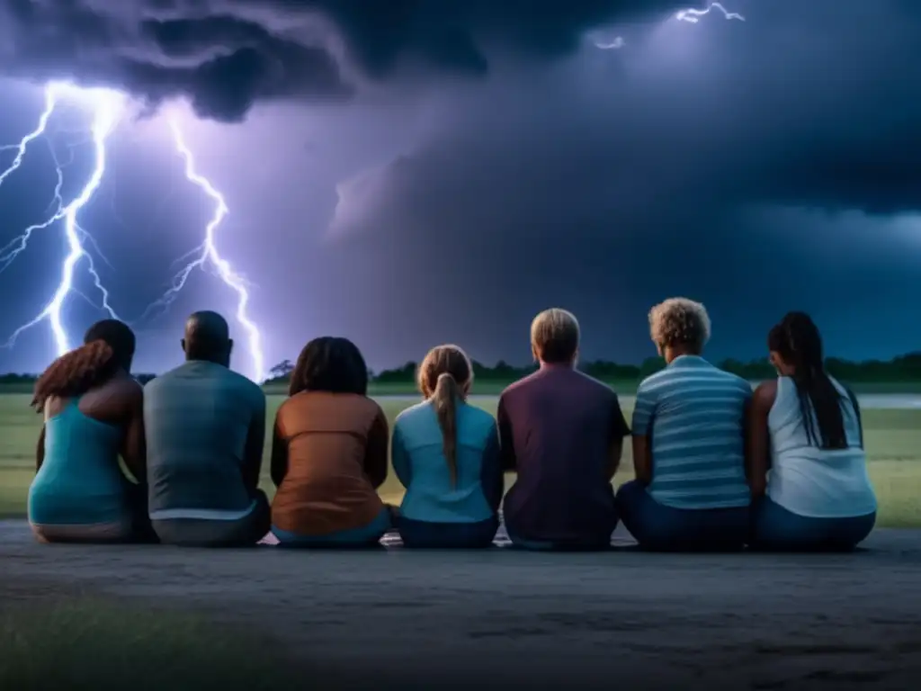 A group of people come together in prayer during a hurricane, their faces etched with fear and hope as the storm rages around them