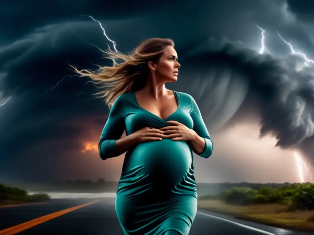 A pregnant woman stands defiant against a raging hurricane, the wind whipping around her as the storm's clouds loom ominously in the background