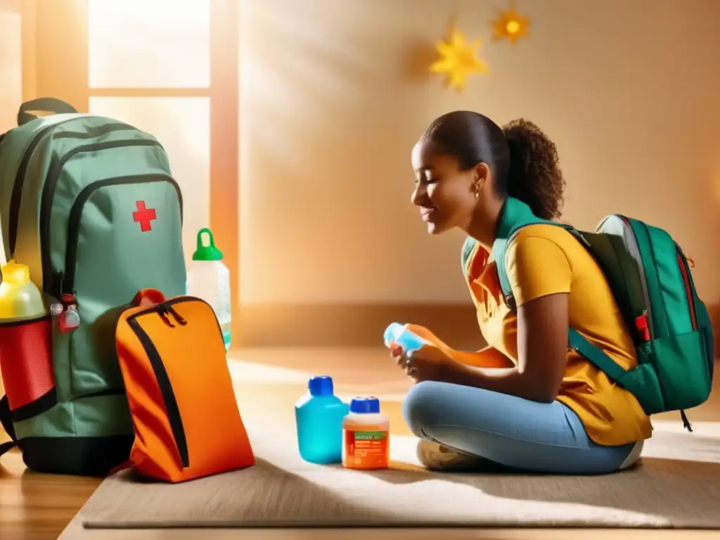 A mother lovingly prepares her child for an outdoor adventure, kneeling on the floor with a backpack filled with essential safety items