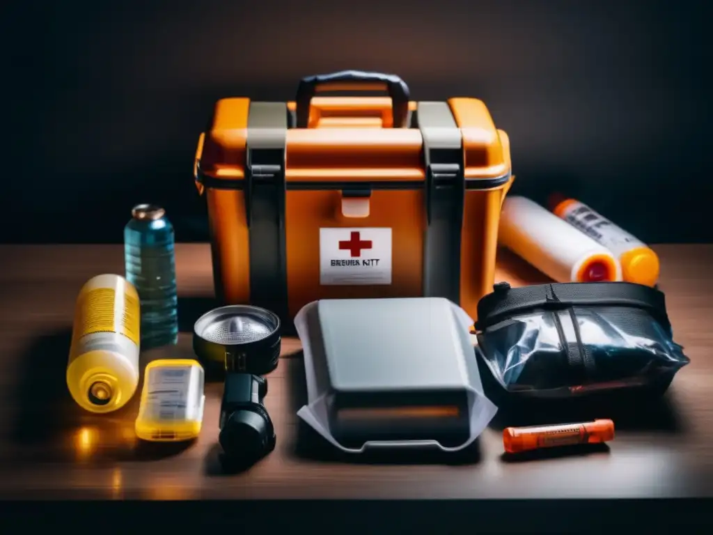 In the heart of darkness, a beacon of hope: a meticulously organized emergency kit, illuminated by moody lighting