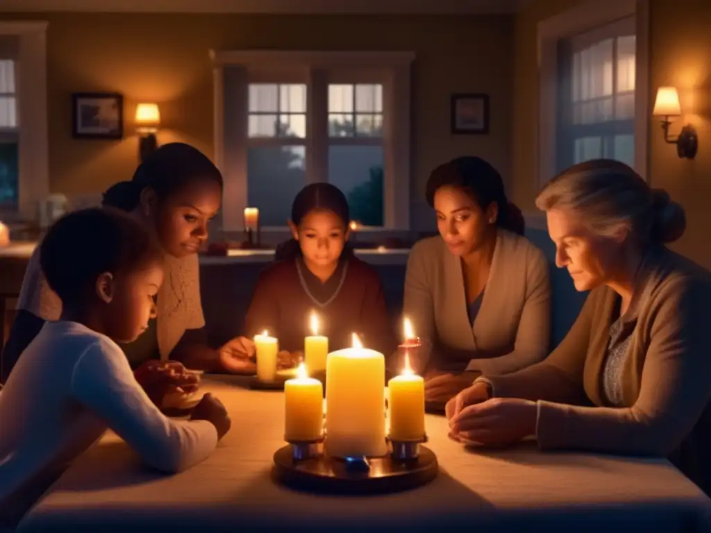 Family gathered in candlelit dining room, autumn sun illuminating the dimly lit room with flashlights and flickering candles