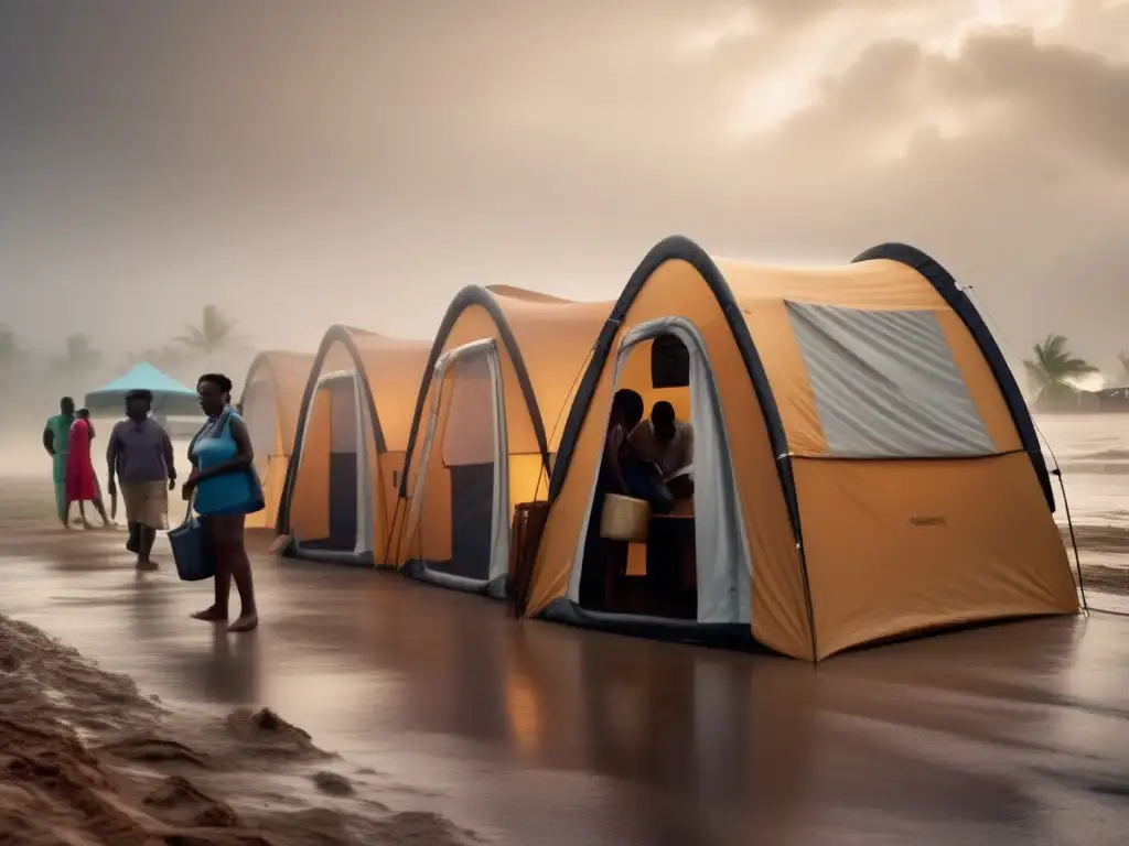  ‍ ‍ ‍  A group of people gather under privacy tents for sanitation purposes in the aftermath of a hurricane