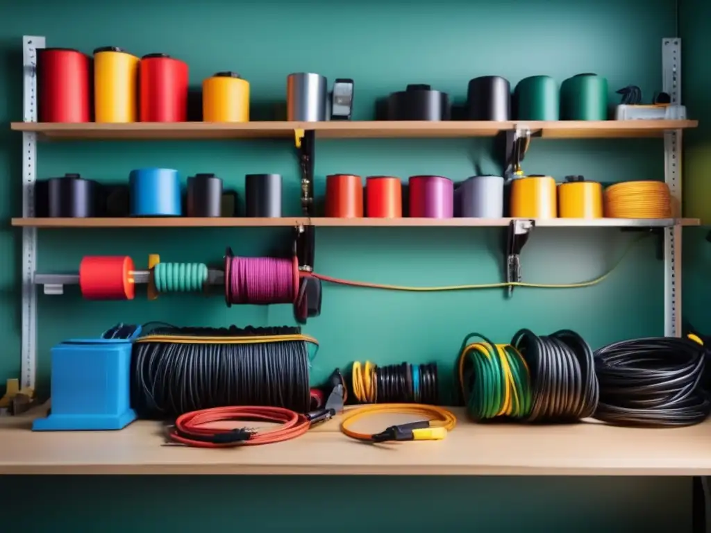 Workers in workshop organize cords with essential tools in colorful, lively environment - Cinematic style highlights safety gear and heavy-duty cords while showcasing a vibrant color scheme of bright neon colors